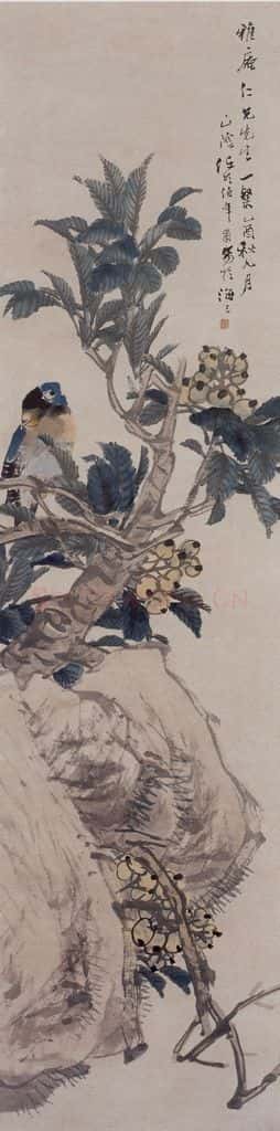 清 任伯年《鹦鹉枇杷》书画作品