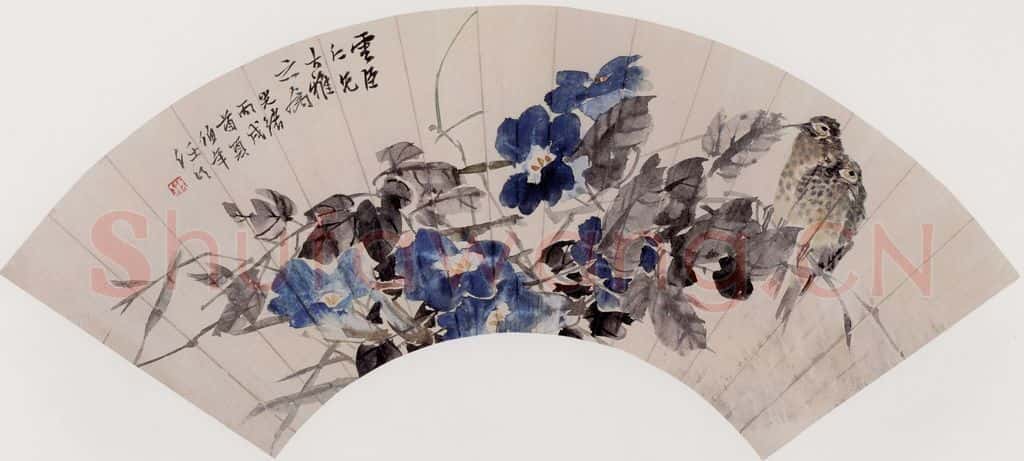 清 任伯年《横枝双鸟》书画作品