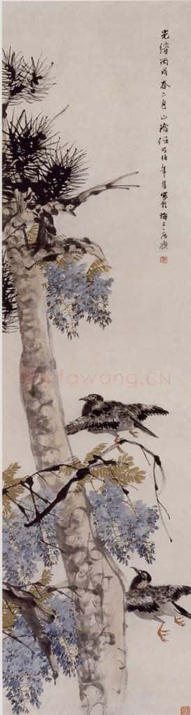清 任伯年《苍松紫藤图》书画作品
