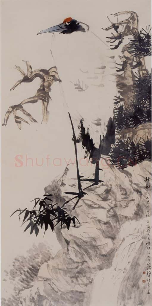 清 任伯年《松鹤竹石图》书画作品