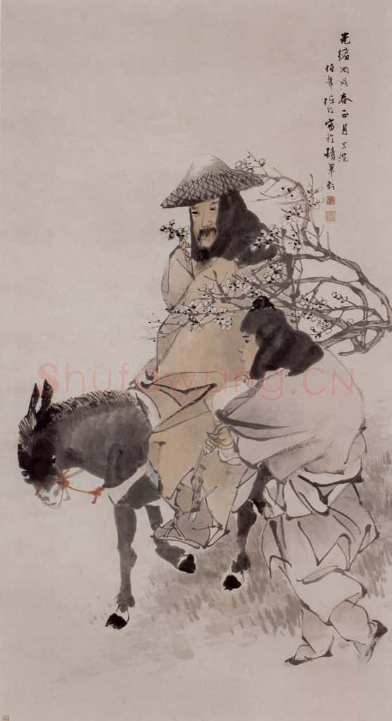 清 任伯年《驴背吟梅图》书画作品