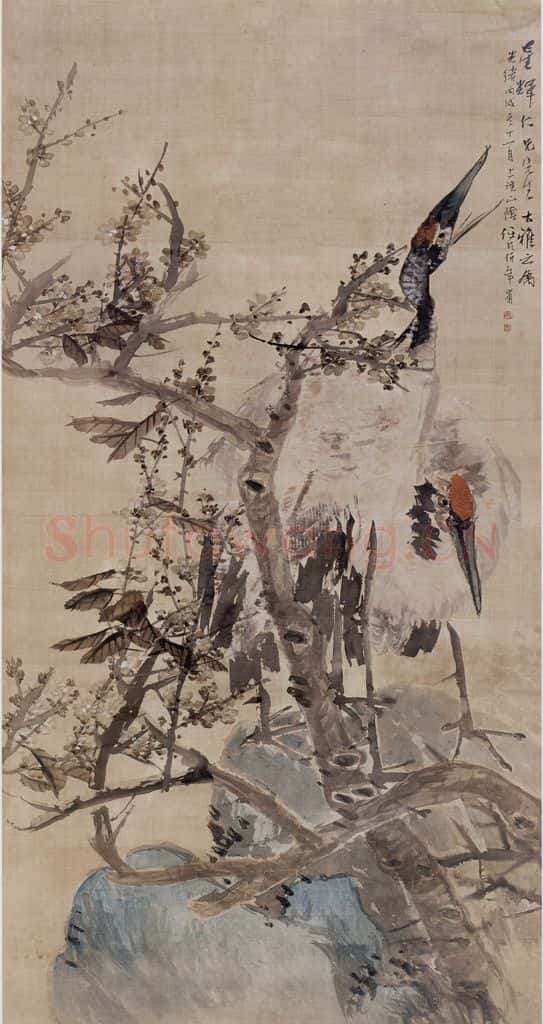 清 任伯年《梅石双鹤》书画作品