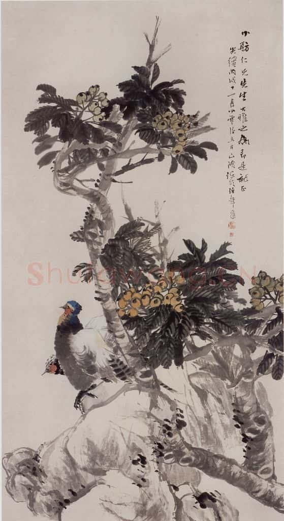 清 任伯年《枇杷雉鸡》书画作品
