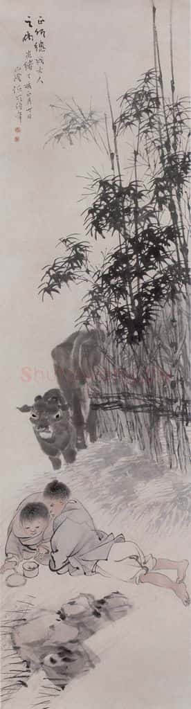 清 任伯年《双童斗蟋蟀》书画作品