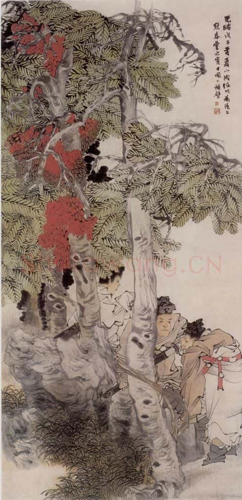 清 任伯年《树阴观刀图》书画作品