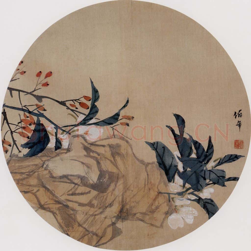 清 任伯年《文石秋花图》书画作品