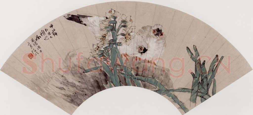 清 任伯年《水仙双鸽》书画作品