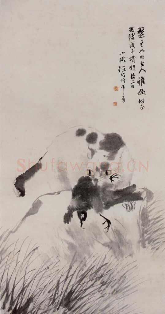 清 任伯年《猫鸟图》书画作品