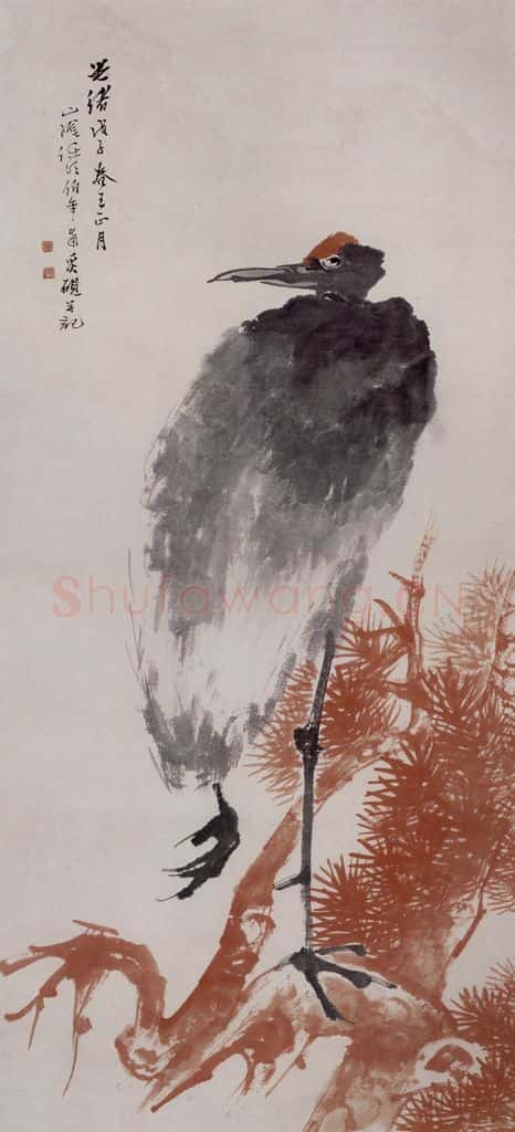 清 任伯年《红松仙鹤图》书画作品