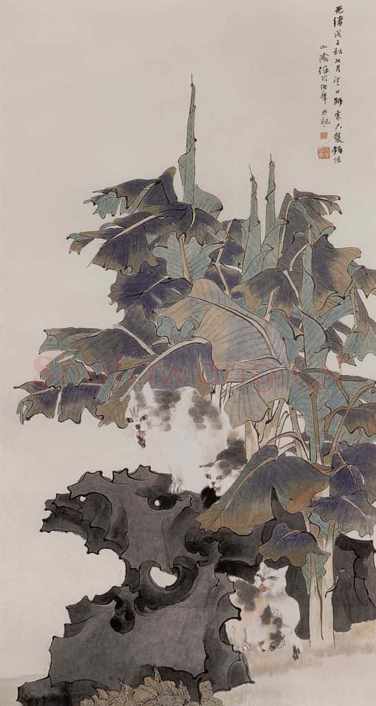 清 任伯年《芭蕉狸猫图》书画作品