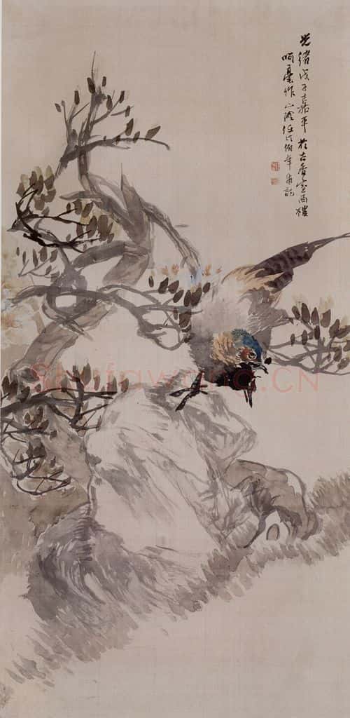 清 任伯年《玉兰锦鸡图》书画作品
