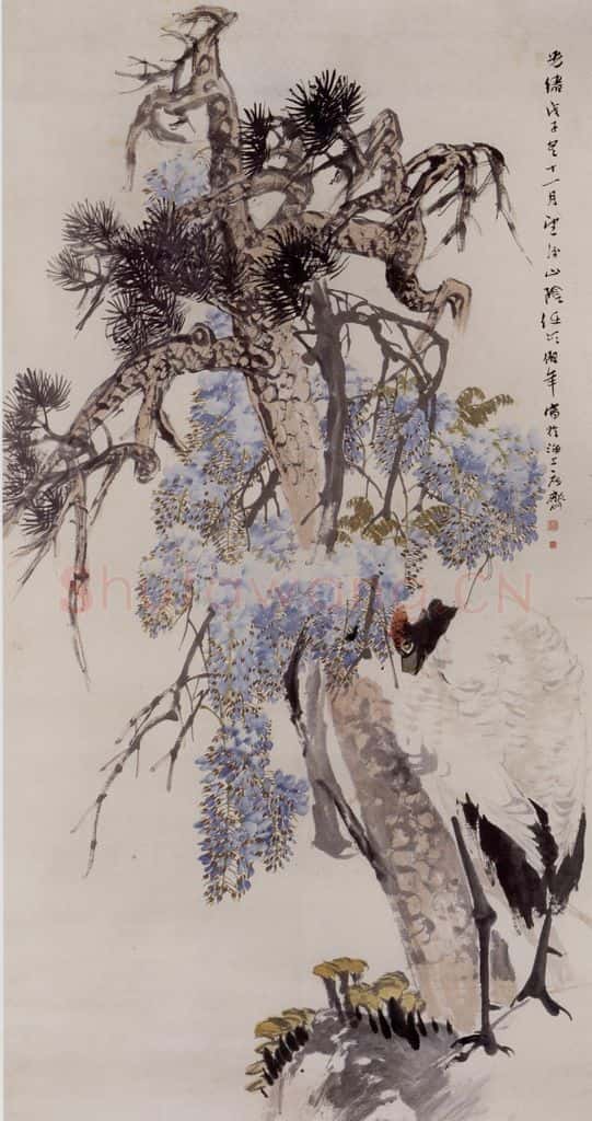 清 任伯年《松龄鹤寿图》书画作品