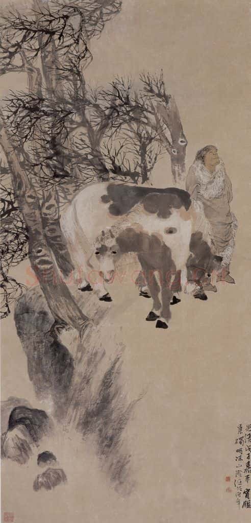 清 任伯年《寒林牧马》书画作品