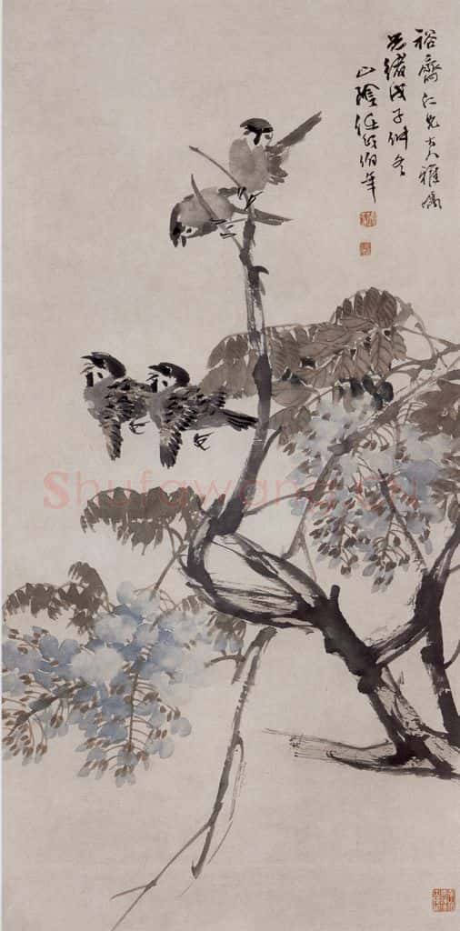 清 任伯年《雀声藤影图》书画作品