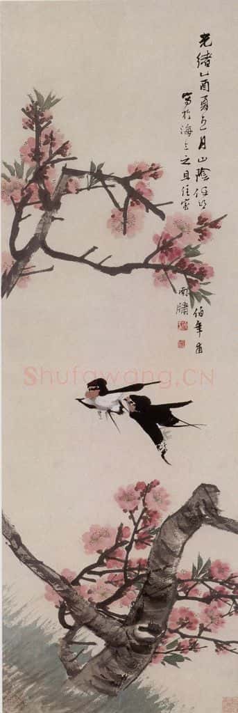 清 任伯年《桃花双燕》书画作品