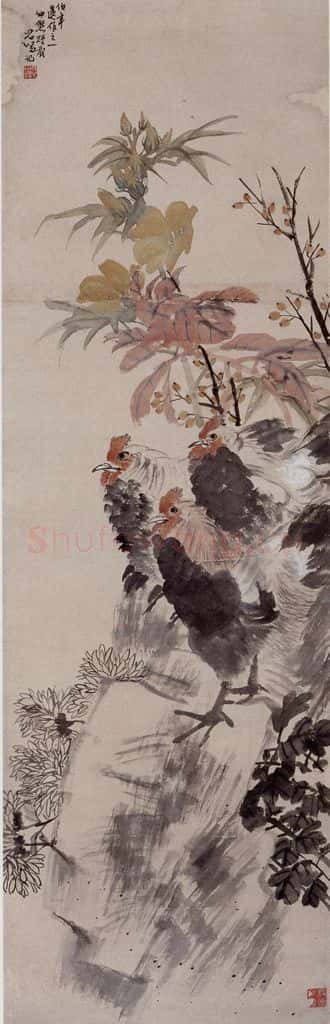 清 任伯年《三鸡图》书画作品