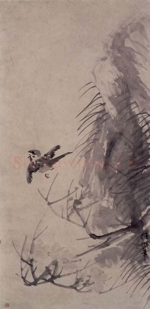 清 任伯年《梅花小鸟图》书画作品