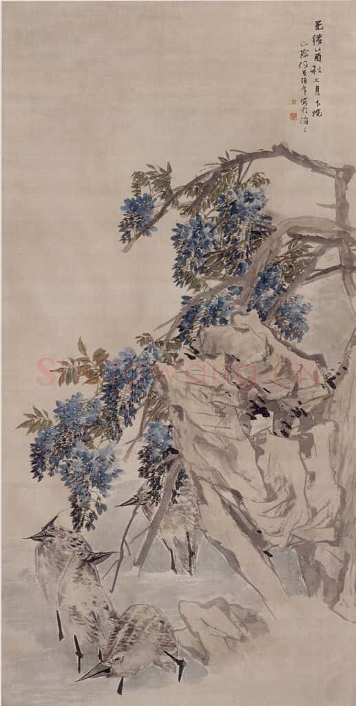清 任伯年《紫藤鹭鸶》书画作品