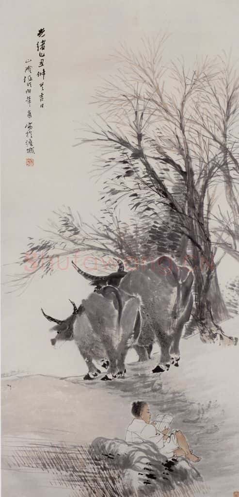 1889年 任伯年《牧牛图》书画作品