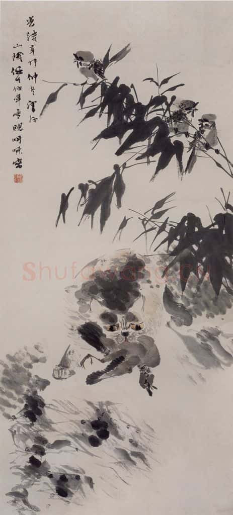 1891年 任伯年《狸猫捕禽图》书画作品