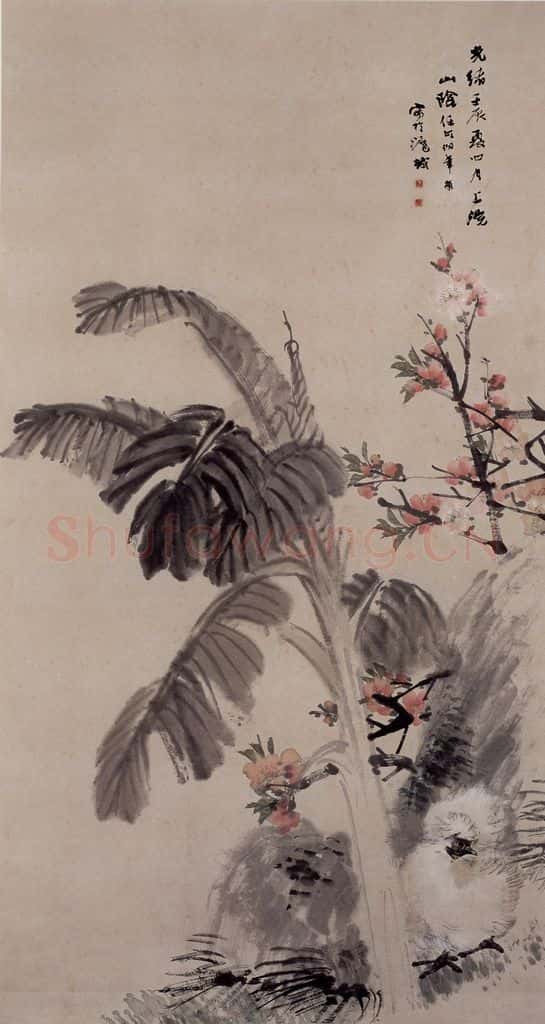 1892年 任伯年《桃花白鸡图》书画作品