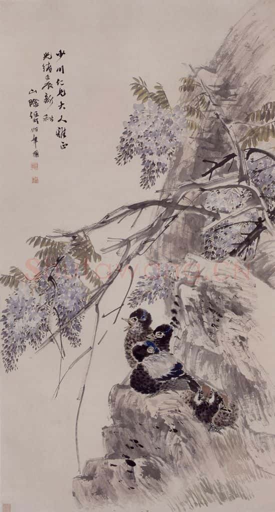 1892年 任伯年《紫藤鸳鸯》书画作品