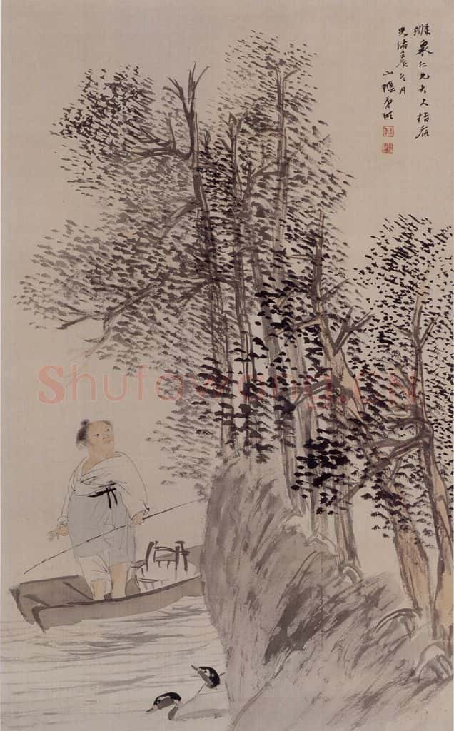 1892年 任伯年《春江放鸭》书画作品