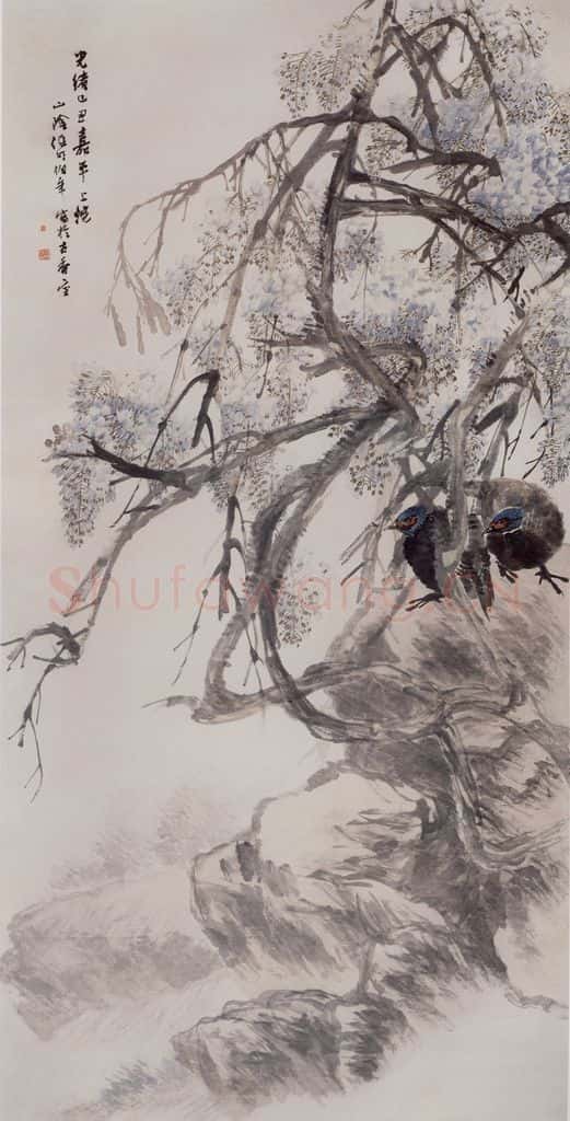 1889年 任伯年《藤萝山鸡图》书画作品