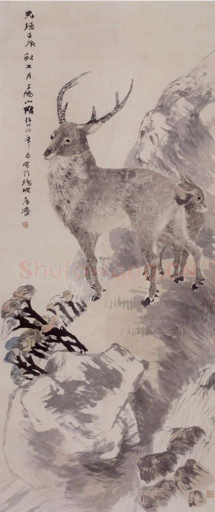 1892年 任伯年《仙山双鹿图》书画作品