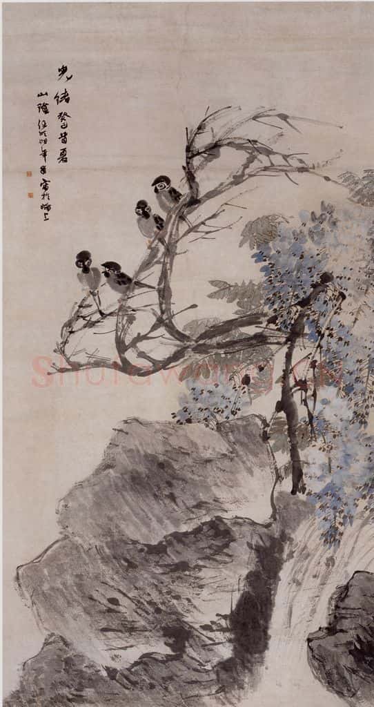 1893年 任伯年《紫藤麻雀》书画作品