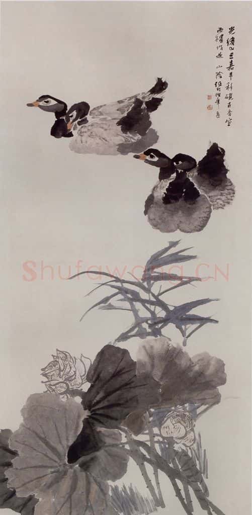 1889年 任伯年《荷塘鸭戏图》书画作品