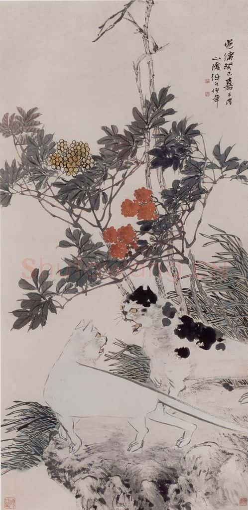 1893年 任伯年《双猫花卉图》书画作品