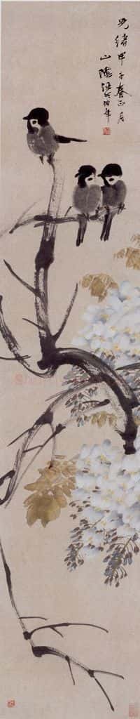 1894年 任伯年《紫藤麻雀》书画作品