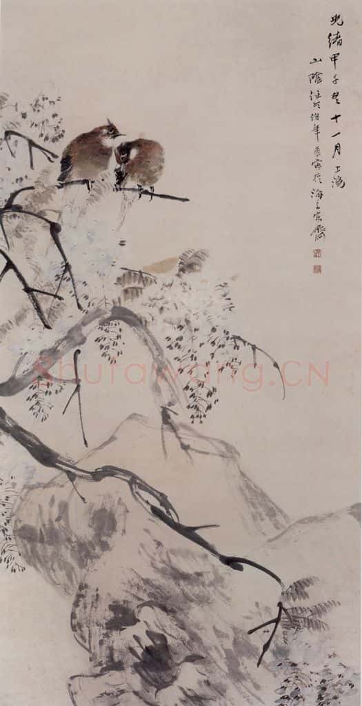 1894年 任伯年《藤萝双禽图》书画作品