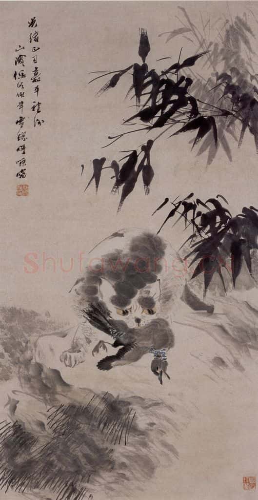 1889年 任伯年《狸猫擒鸠图》书画作品