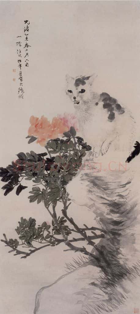 1895年 任伯年《牡丹猫石图》书画作品