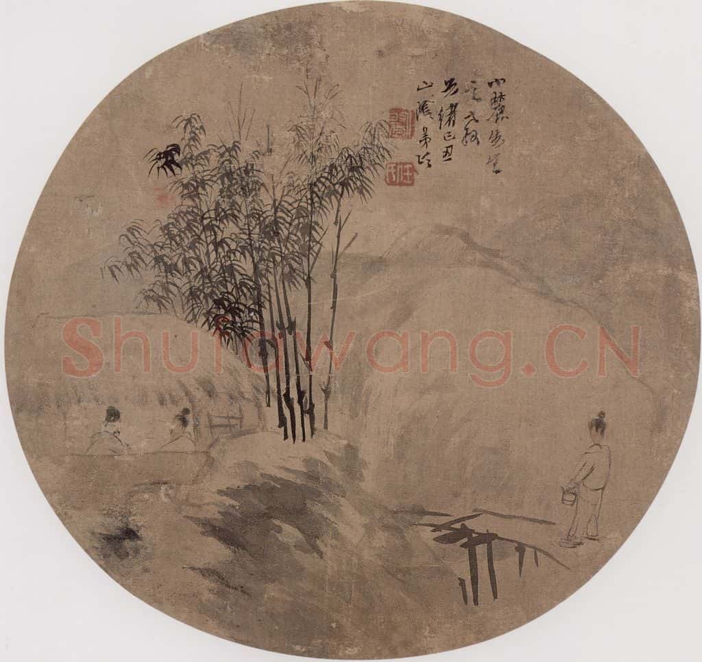 1889年 任伯年《人物山水图》书画作品