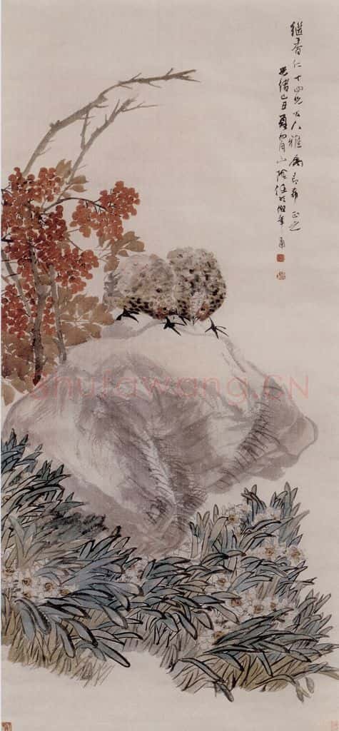1889年 任伯年《水仙鹌鹑图》书画作品