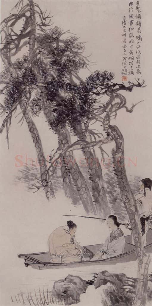 1889年 任伯年《松溪吹箫图》书画作品