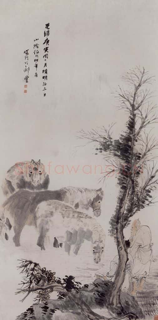 1890年 任伯年《浴马图》书画作品