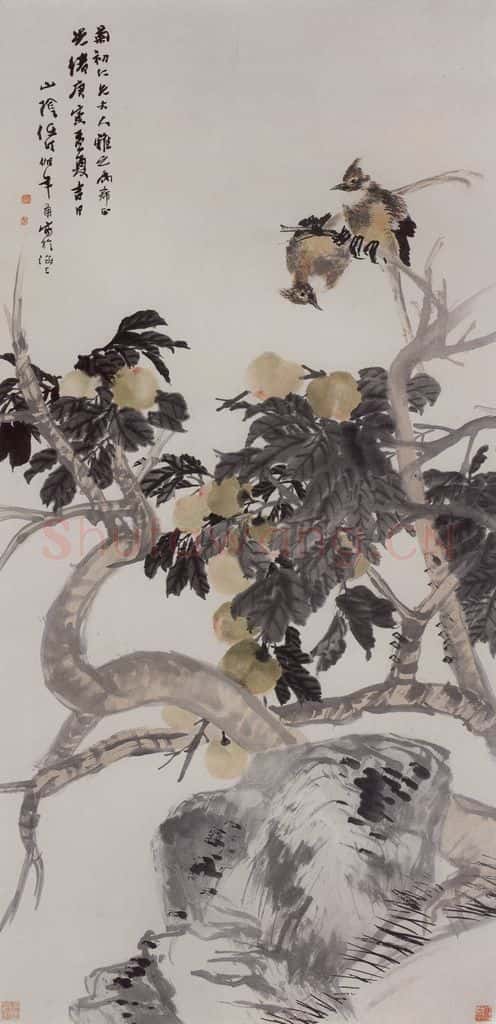 1890年 任伯年《蟠桃绶带图》书画作品