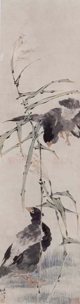 清 任伯年《芦塘双雁图》书画作品