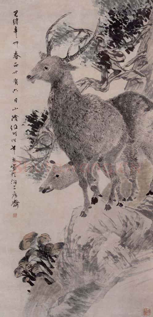 1891年 任伯年《柏鹿图》书画作品