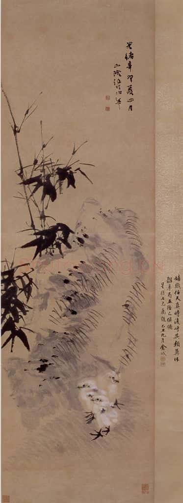1891年 任伯年《鸡石图》书画作品