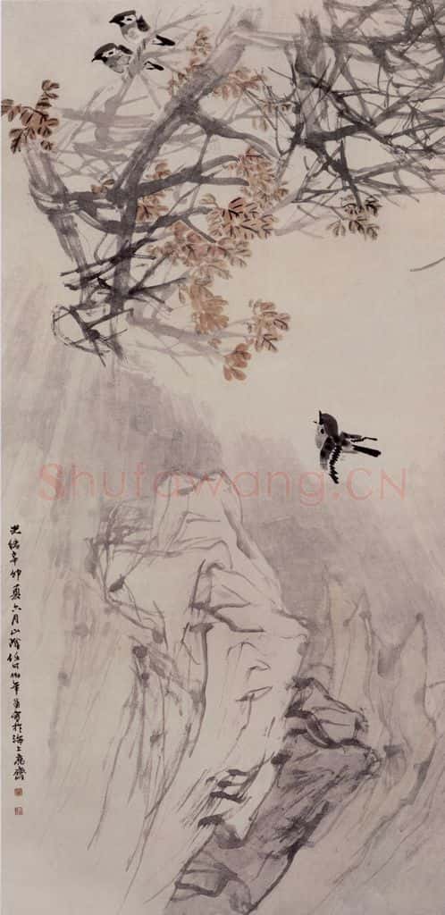 1891年 任伯年《红枫鸣雀图》书画作品