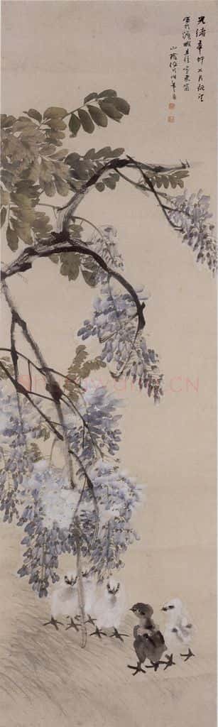 1891年 任伯年《紫藤鸡雏图》书画作品