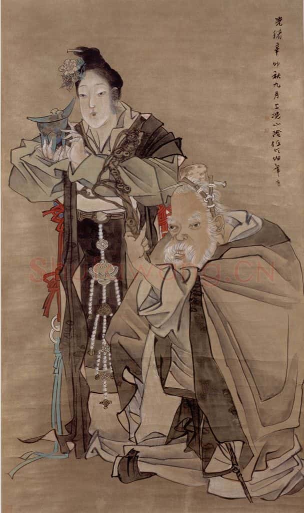 1891年 任伯年《麻姑寿星图》书画作品
