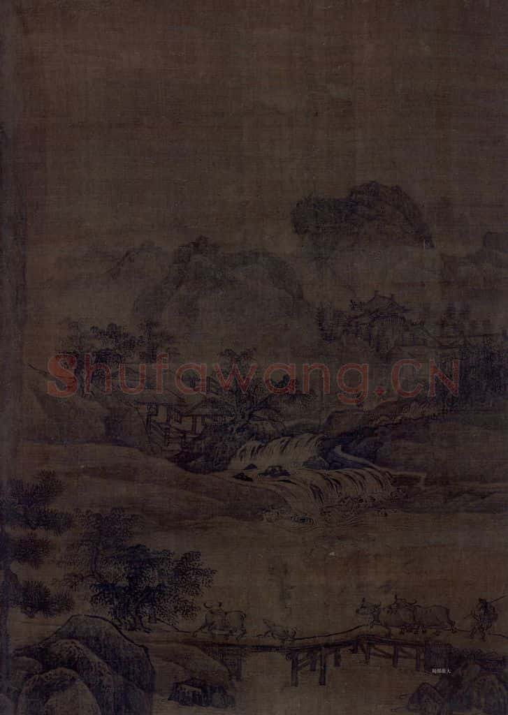 金 佚名《溪桥归牧图》书画作品