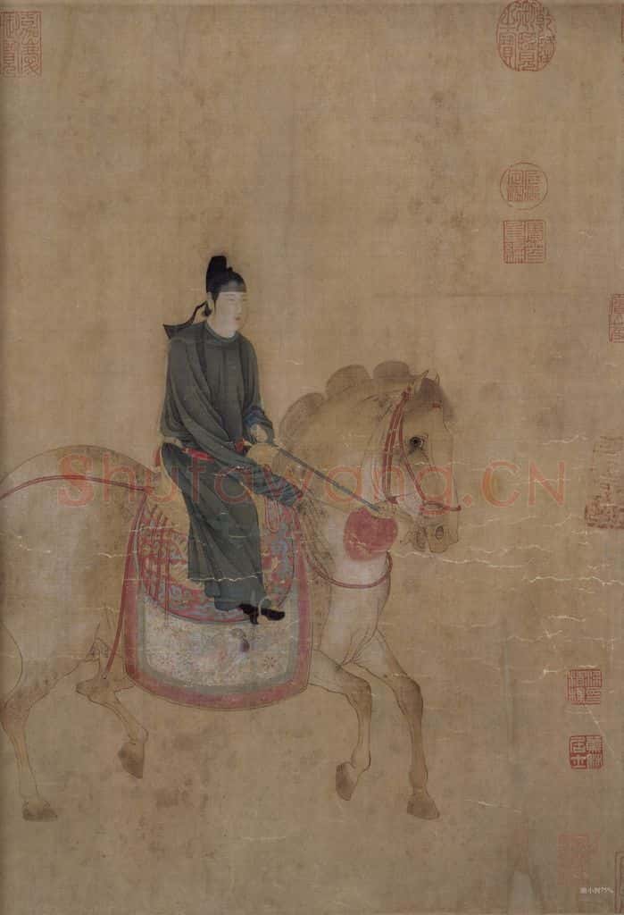 宋代 赵佶（传）《摹张萱虢国夫人游春图》书画作品