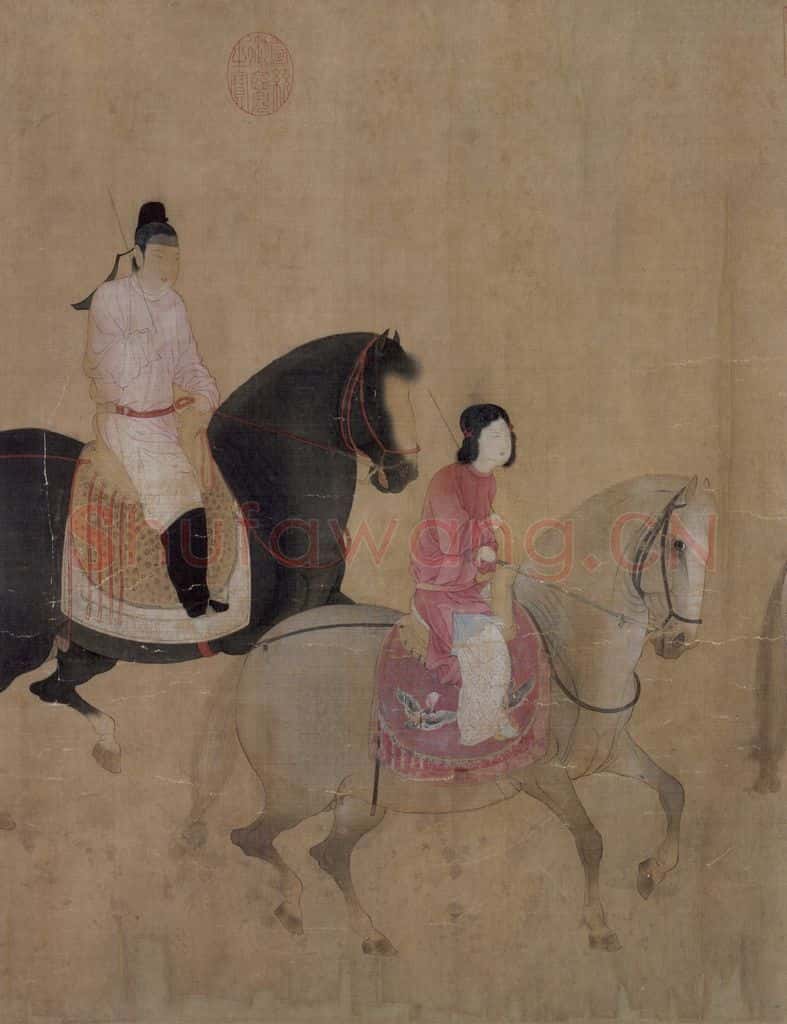 宋代 赵佶(传)《摹张萱虢国夫人游春图》书画作品